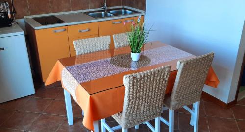 a kitchen with a table and chairs with a plant on it at Apartment Pečarević - a holiday with a stunning view in Vis