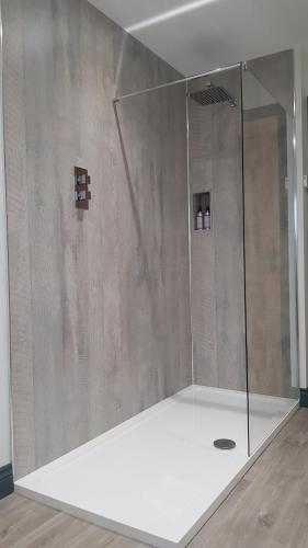 een douche met een glazen deur in een kamer bij Appleton House in Thornbury