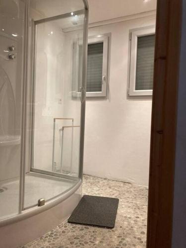 une salle de bain avec une douche avec une porte vitrée dans l'établissement Le Montagny - Conciergerie de la Yaute, à Sallanches