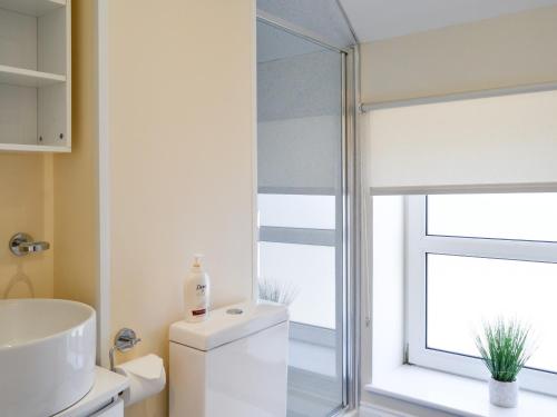 a bathroom with a toilet and a sink and a window at Ailsa Craig View in Stranraer