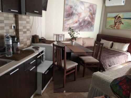 塞薩羅尼基的住宿－Nasos Cozy Place，厨房以及带桌子和沙发的客厅。