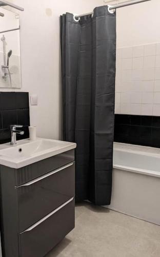 La salle de bains est pourvue d'un rideau de douche noir et d'un lavabo. dans l'établissement L'Effet-Mer, à Dunkerque