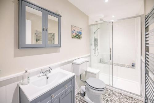 a bathroom with a toilet and a sink and a shower at No 12 Southwold in Southwold