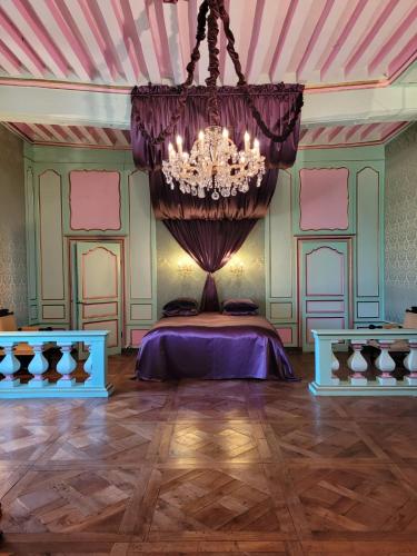 Cette chambre comprend un lit et un lustre. dans l'établissement Château du Boschet chambre de la marquise, à Bourg-des-Comptes