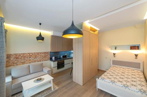 a small apartment with a bed and a living room at Deluxe river view apartment by Polo Apartment in Kaunas