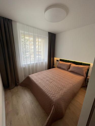 a bedroom with a large bed in front of a window at MB Livinga Vieno miegamojo apartamentai Ventos g in Mažeikiai
