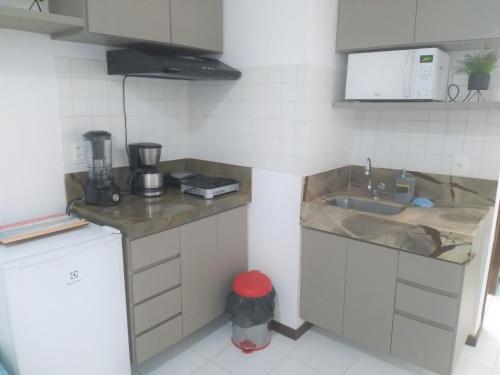 una pequeña cocina con fregadero y encimera en Flat a beira mar, vista lateral - Araça 408, en Natal