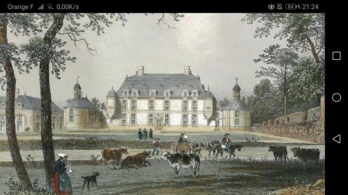 a painting of a house with cattle in front of it at Château du Boschet chambre de l’infatigable gentilhomme in Bourg-des-Comptes