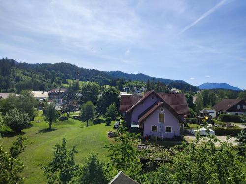 a small house on a green lawn in a village at Nur 3 Min zu Skilift & 5Min zum See in Mitterbach