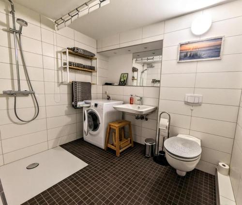 a bathroom with a washer and a sink and a washing machine at Ferienwohnung Lena in Schwerin- Wickendorf in Schwerin