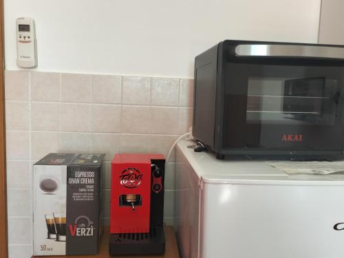 a microwave and a box on top of a refrigerator at Casa Vacanza Da Rosa in Letojanni