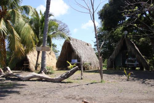un par de cabañas con palmeras y un tronco en La Sirenita - Ometepe, en Altagracia