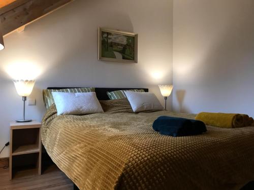 a bedroom with a large bed with two lamps at Domaine la Borniotte in Saint-Alvère