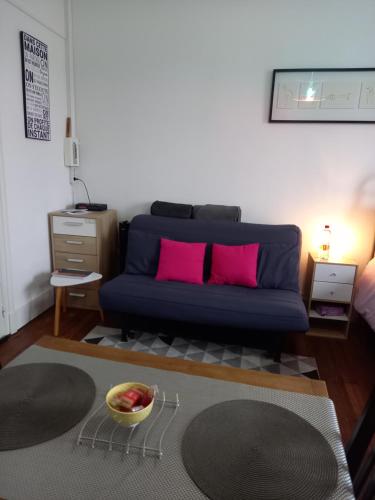- un salon avec un canapé bleu et des oreillers roses dans l'établissement Studio 253, classé 2 étoiles, proche des thermes, à Vittel
