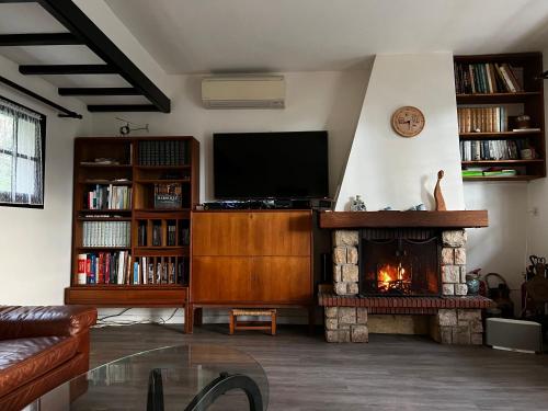 a living room with a television and a fireplace at Chalet les falaises in Saint-Léonard