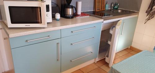 un comptoir de cuisine avec un micro-ondes et un évier dans l'établissement STUDIO A LOUER, à Lamalou-les-Bains