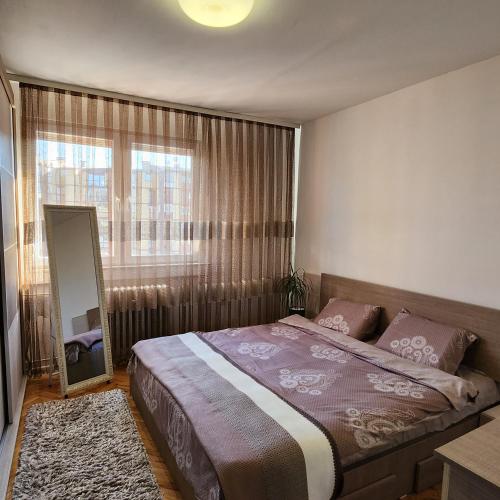 a bedroom with a bed and a mirror and a window at Shpetim's Apartment in Pristina