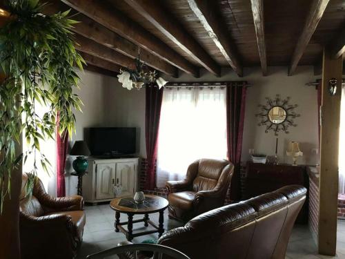 a living room with leather furniture and a tv at Le Sapin in Audrehem