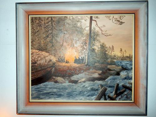 a painting of a painting of a boat in the water at Grand Hotell Bollnäs in Bollnäs