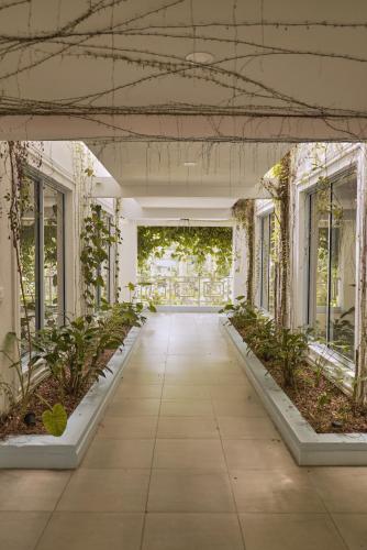 an empty hallway with plants in a building at El Bosque Hotel Boutique in Doradal
