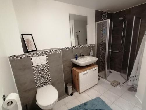 a bathroom with a toilet and a sink and a shower at Melanies Wohlfühlort in Bruttig-Fankel