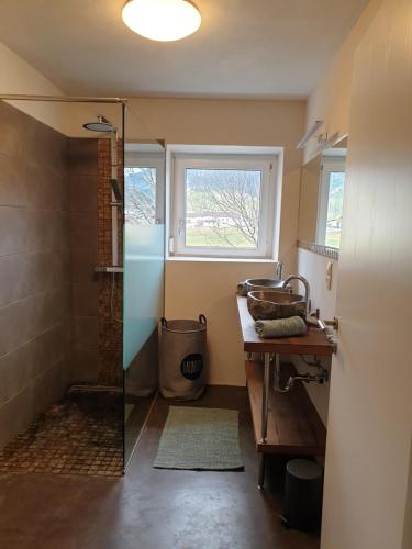 een badkamer met een douche, een wastafel en een raam bij Panoramablick in Breitenwang