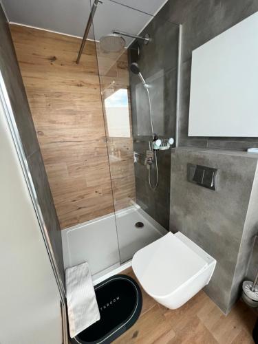 a small bathroom with a toilet and a shower at The kube by the mountain in Timisul de Jos