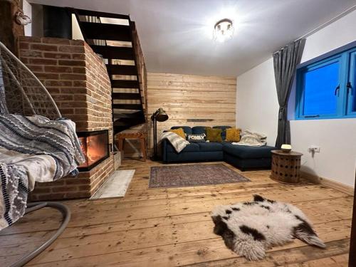 a living room with a couch and a fireplace at Casuta din Balcesti in Bălceşti