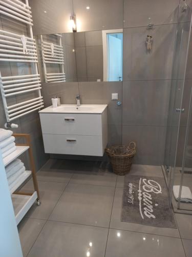 La salle de bains est pourvue d'un lavabo et d'une douche. dans l'établissement Gracja Horyzont-apartament z parkingiem, à Międzyzdroje