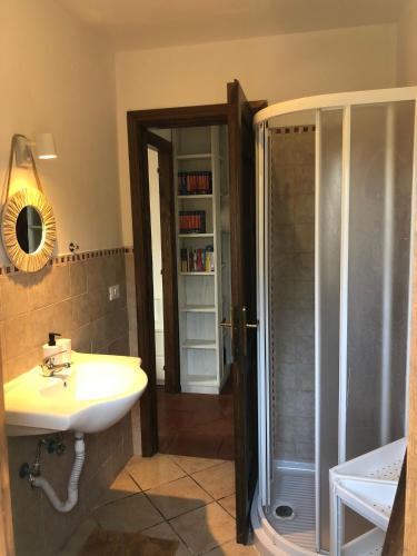 a bathroom with a sink and a shower at La casa di Giulio in Maccarese