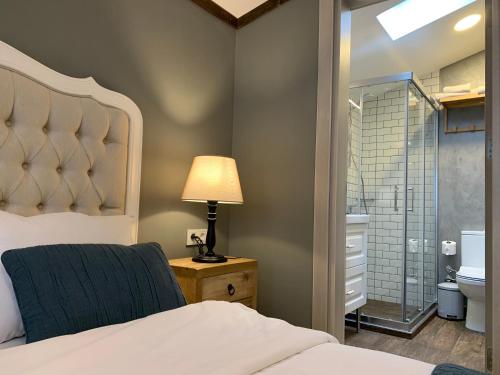 a bedroom with a bed and a glass shower at Loka Suites in Istanbul