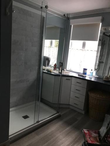 a shower in a kitchen with a counter and a sink at gite des iles in Matane