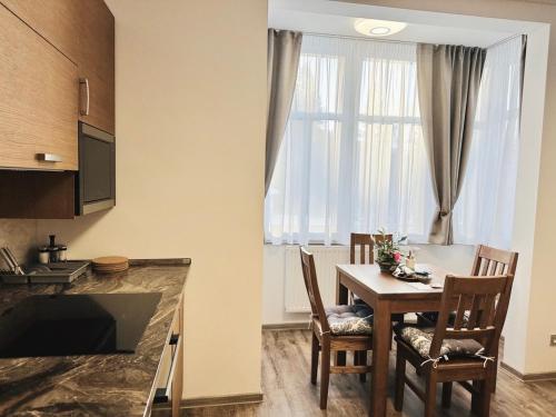 a kitchen and dining room with a table with chairs at SYNEK Pension in Špindlerův Mlýn
