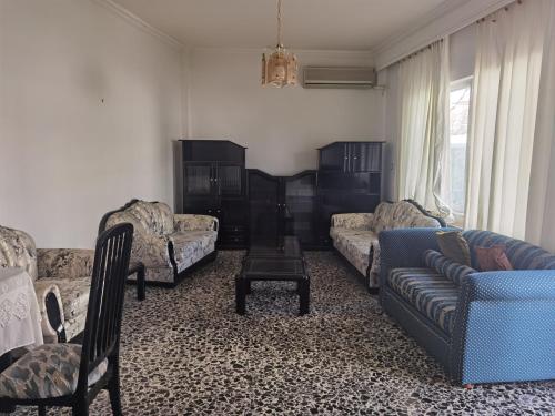 a living room with a couch and chairs and a table at Silence area 1 in north Athens in Akharnaí