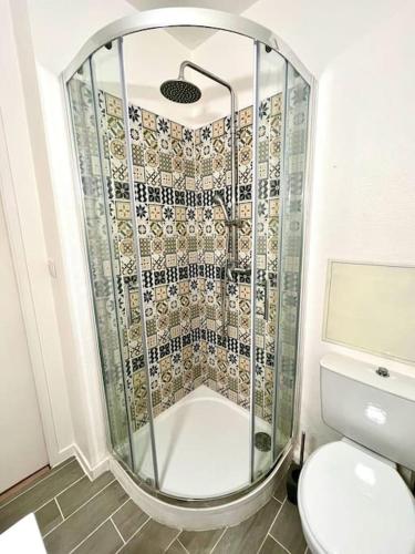 une salle de bain avec douche et toilettes dans l'établissement Khara - SILS, à Caen