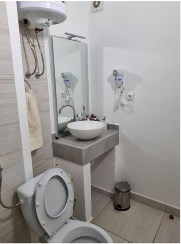La salle de bains est pourvue d'un lavabo, de toilettes et d'un miroir. dans l'établissement White pearl, à Sukošan