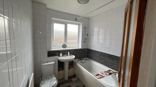 a bathroom with a sink and a tub and a toilet at Lovely One-Bedroom Condo With Indoor Fireplace in Sunderland