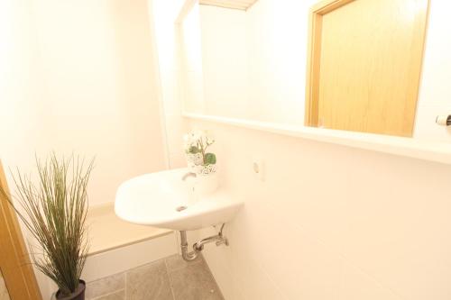 a white bathroom with a sink and a mirror at Downtown Apartments Ulm - im Herzen von Ulm & komfortable Boxspringbetten in Ulm