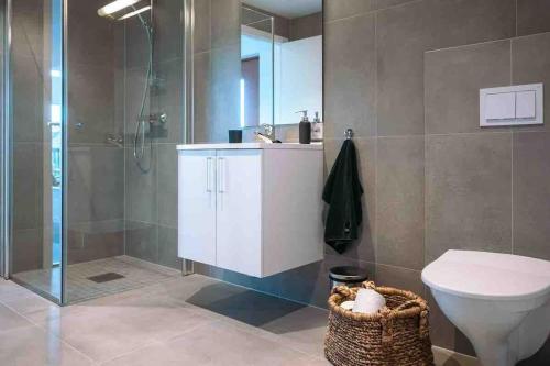 a bathroom with a shower and a toilet and a sink at Ferie bolig på Sørlandet in Kristiansand