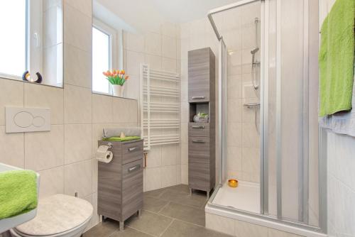 a bathroom with a shower and a toilet and a sink at Am Klosterviertel in Bad Herrenalb