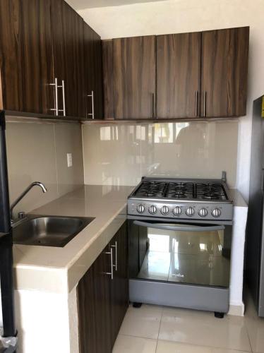 a kitchen with a stove and a sink at hermoso condominio suites las palmas con alberca in Manzanillo