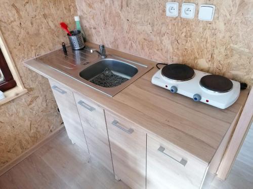 un bancone della cucina con lavandino e tostapane di Lesní chaty "Hogo Fogo" a Kytlice