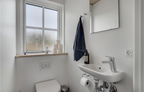 a white bathroom with a sink and a window at Cozy Home In Skibby With House Sea View in Skibby