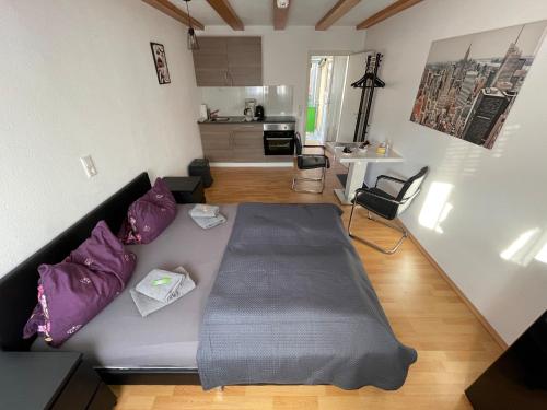 ein großes Bett im Wohnzimmer mit lila Kissen in der Unterkunft Ferienwohnung Fürth in Fürth