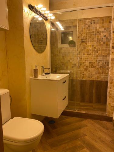 a bathroom with a toilet and a sink and a shower at Apartament Central in Craiova