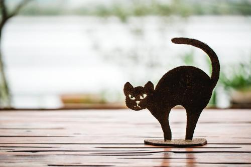 a black cat figurine sitting on a table at 輕塵別院Serenegray B&B in Wujie