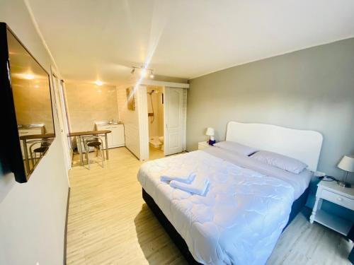 孔斯蒂圖西翁的住宿－Lodge Mini Refugio，卧室配有一张白色的大床和一张桌子