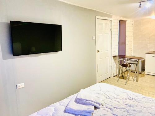 孔斯蒂圖西翁的住宿－Lodge Mini Refugio，卧室配有壁挂式平面电视。