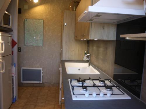 uma pequena cozinha com um fogão e um lavatório em Gîte Fleurac, 3 pièces, 5 personnes - FR-1-616-71 em Fleurac