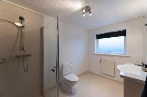 y baño con ducha, aseo y lavamanos. en Pouls Airport Guesthouse - RENTAL CAR INCLUDED en Sørvágur